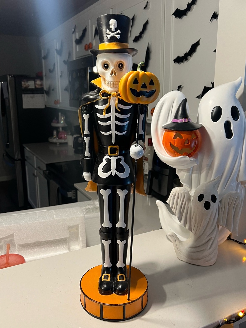 Black Skeleton Nutcracker Halloween Figurine with Orange Pumpkin